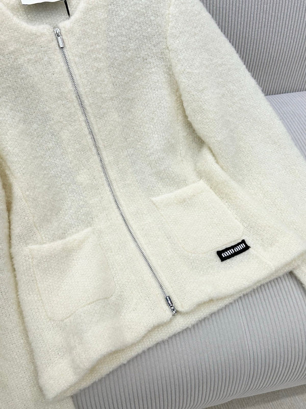 Miu 26s Zip-Up Jacket Cream Cotton Wool 426222