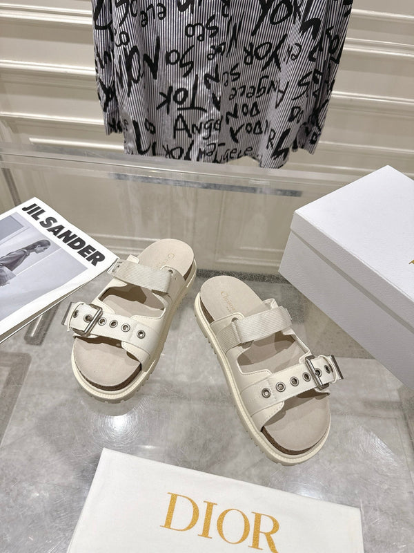 CD 26s Double-Strap Slide Sandals Cream Fabric 919010