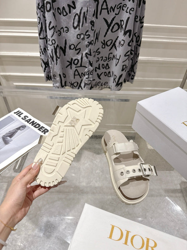 CD 26s Double-Strap Slide Sandals Cream Fabric 919010