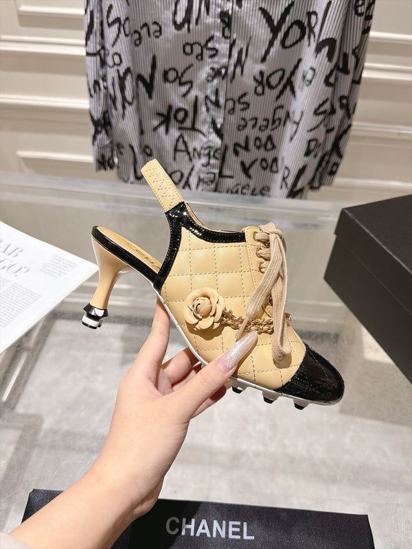 CC 26b Quilted Lace Up Slingback Beige Leather 124289