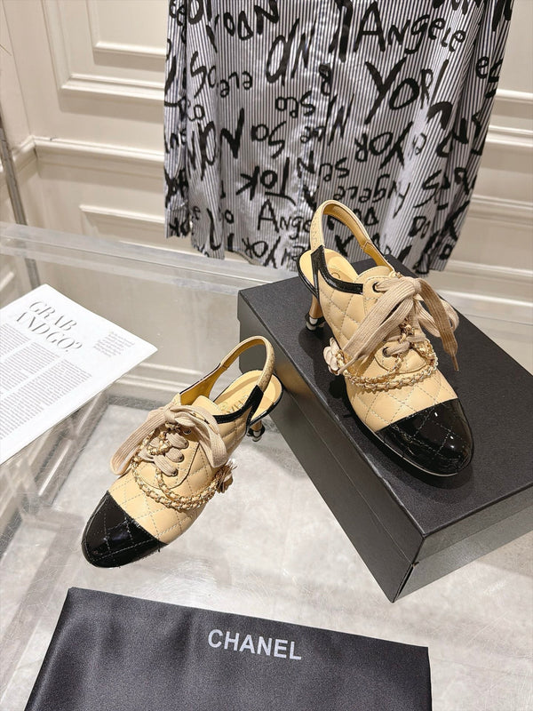 CC 26b Quilted Lace Up Slingback Beige Leather 124289