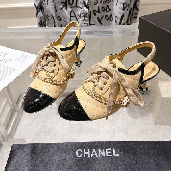 CC 26b Quilted Lace Up Slingback Beige Leather 124289