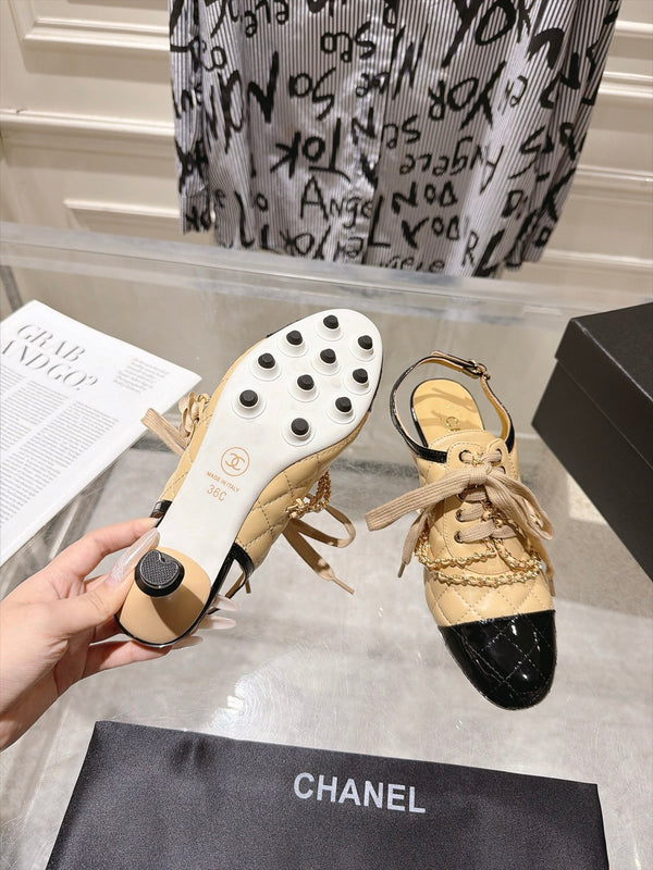CC 26b Quilted Lace Up Slingback Beige Leather 124293