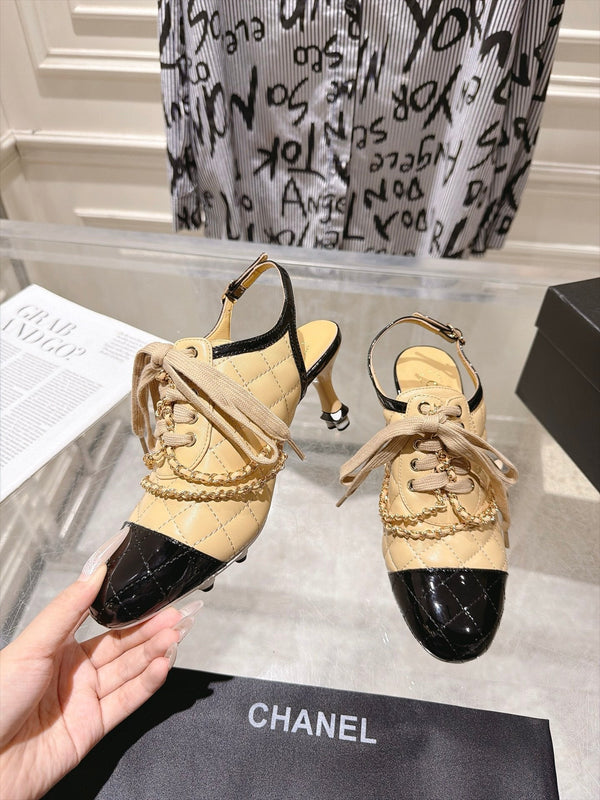 CC 26b Quilted Lace Up Slingback Beige Leather 124293