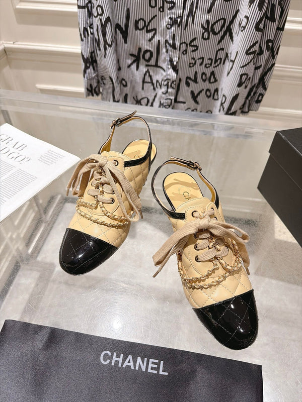 CC 26b Quilted Lace Up Slingback Beige Leather 124293
