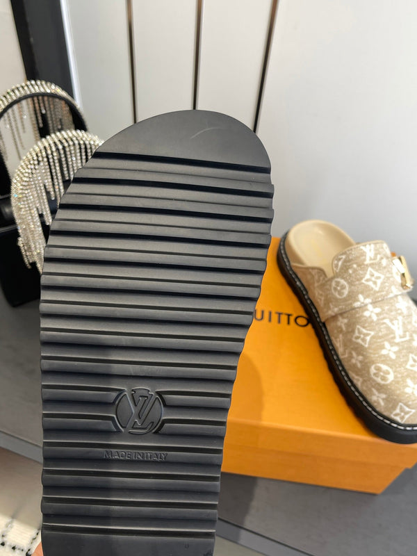 LV Cosy Comfort Mule Sandals Beige Gold Denim Monogrammed 533460