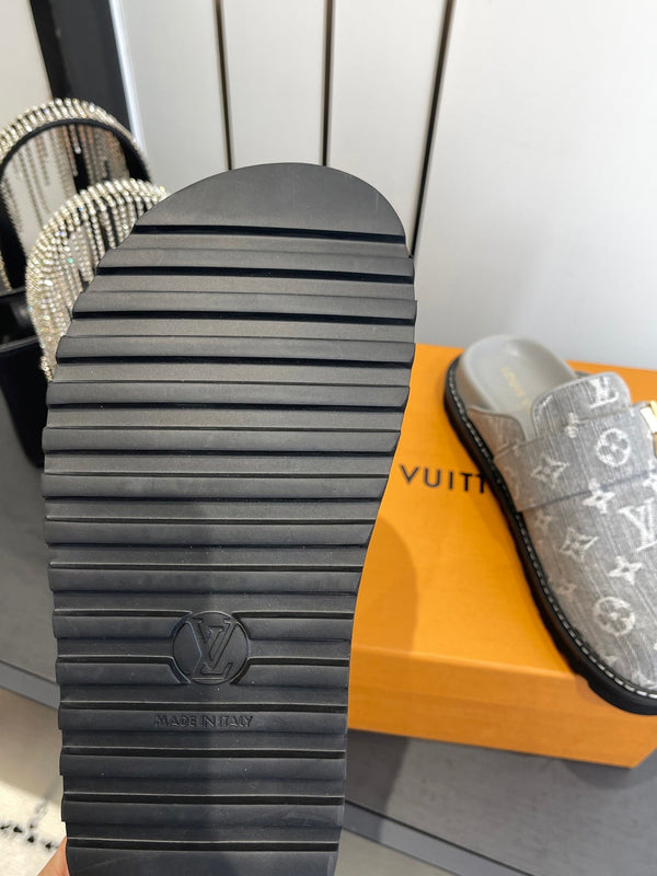 LV Cosy Comfort Mule Sandals Grey Gold Denim Monogrammed 533461