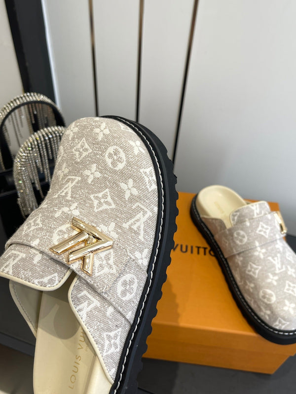 LV Cosy Comfort Mule Sandals Lighe Beige Gold Denim Monogrammed 533462