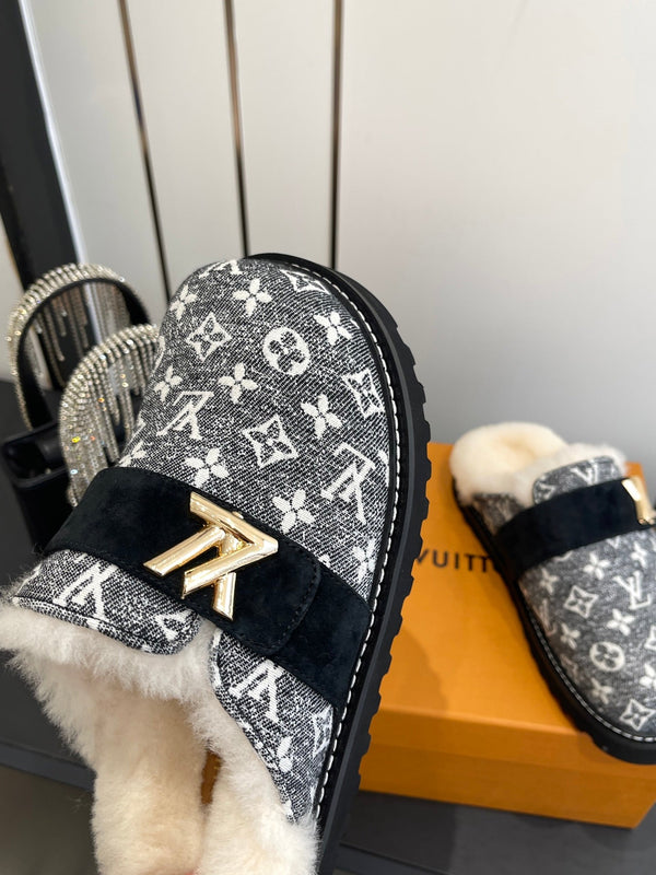 LV Cosy Flat Slippers Comfort Clog Black Grey BeigeLeather  Monogram Fur 533468