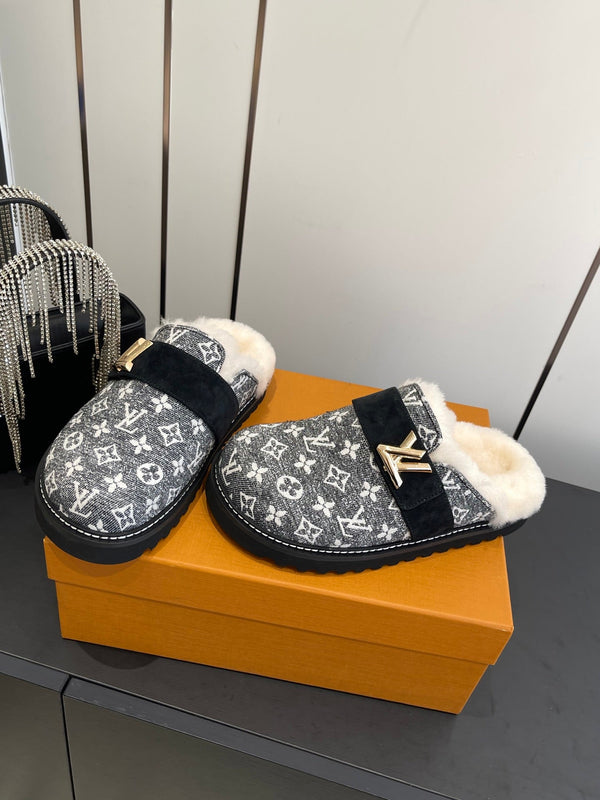 LV Cosy Flat Slippers Comfort Clog Black Grey BeigeLeather  Monogram Fur 533468