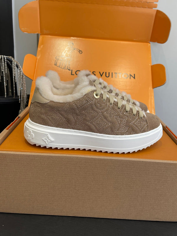 LV Time Out Sneaker 40mm Brown Cream Monogram Denim Suede Fleece Lined 533476