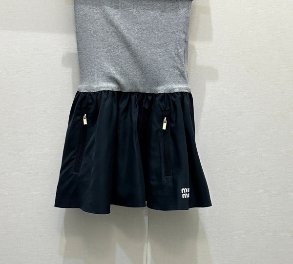 Miumiu 2026 Jersey And Poplin Skirt Grey Navy Blue Cotton 136562