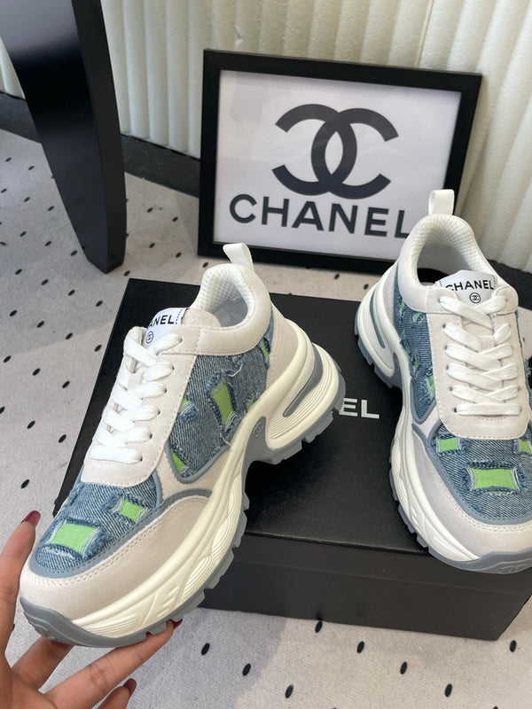 CC 26s Chunky Platform Casual Sneakers Blue White Green Denim Suede 968605