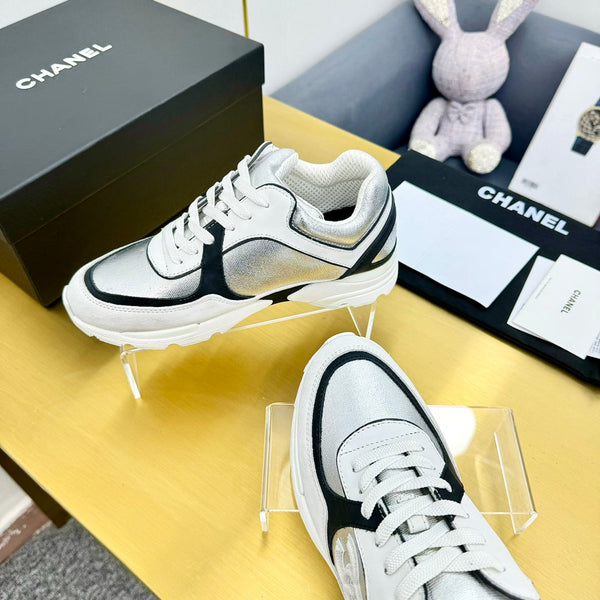 cc womens sneaker in silver wool tweed and white black suede calfskin 137610