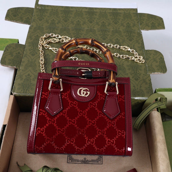 GG Diana Mini Tote Bag 20cm Red Patent Leather Crystals