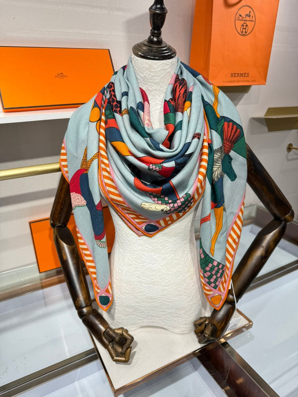 HM A Toute Allure Scarf 140 Light Blue Orange Cashmere Silk