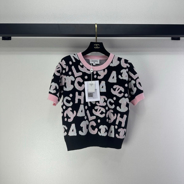CC Short-Sleeved Knit Top Black Pink Wool Nylon 345986