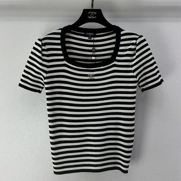 Chanel 2026 Striped Knit Short-sleeved Top Black White Cotton 395626