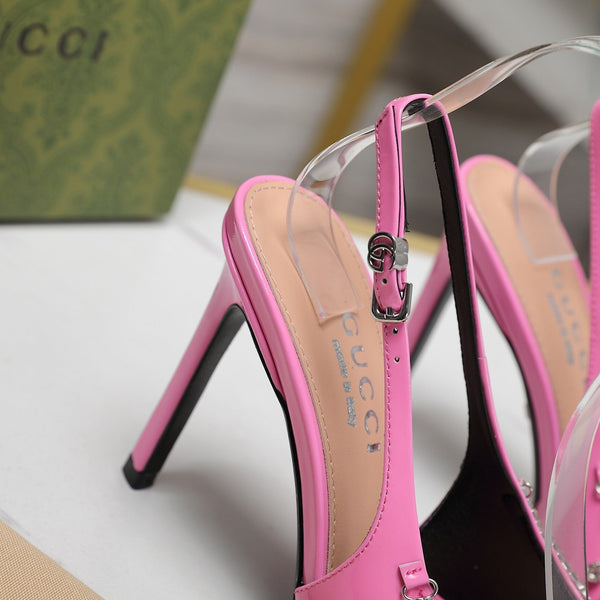 GG CRYSTAL HIGH HEEL SANDAL BRIGHT PINK LAMBSKIN
