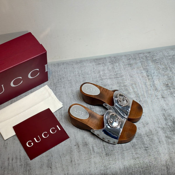 GG Wooden Clog Sandals Sliver Patent Leather 864265