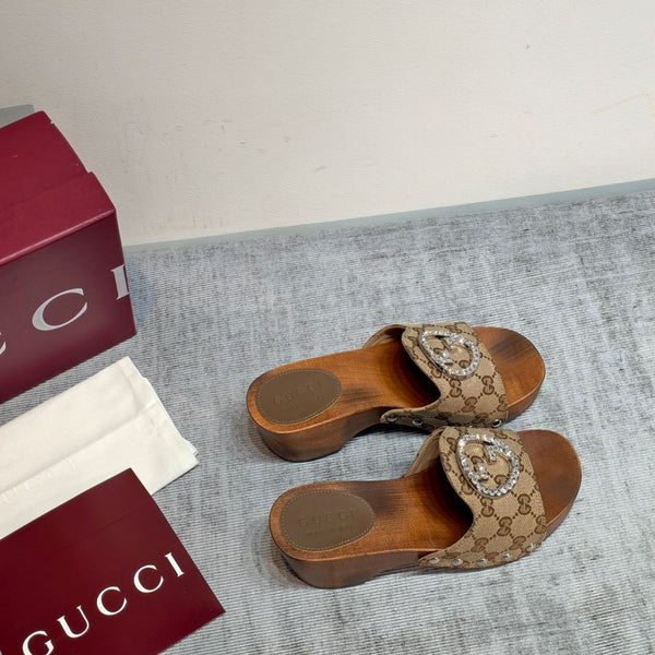 GG Wooden Clog Sandals Beige Canvas 864269