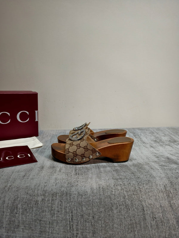 GG Wooden Clog Sandals Beige Canvas 864269