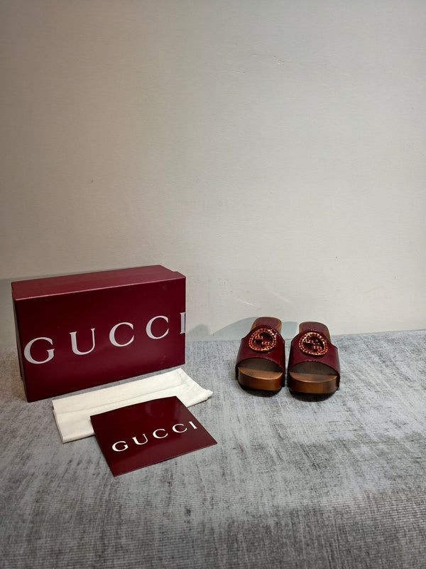 GG Wooden Clog Sandals Red Patent Leather 864270
