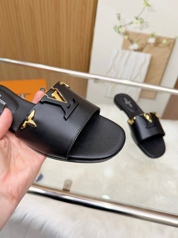 LV Mare Flat Mule Black Sheepskin