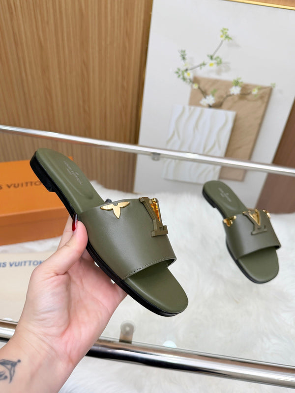 LV Mare Flat Mule Olive Green Sheepskin
