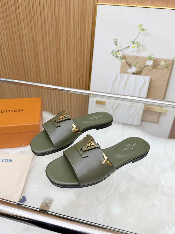 LV Mare Flat Mule Olive Green Sheepskin