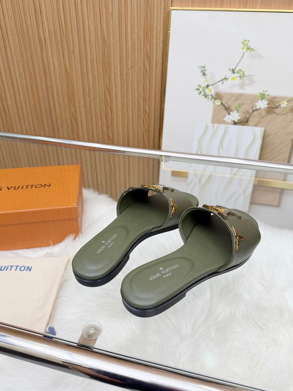 LV Mare Flat Mule Olive Green Sheepskin