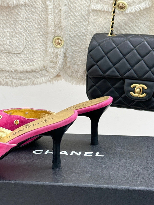 CC 25C Bowknot Pointed High Heel Half Slippers 60mm Pink Suede 265656