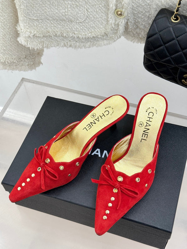 CC 25C Bowknot Pointed High Heel Half Slippers 60mm Red Suede 265658