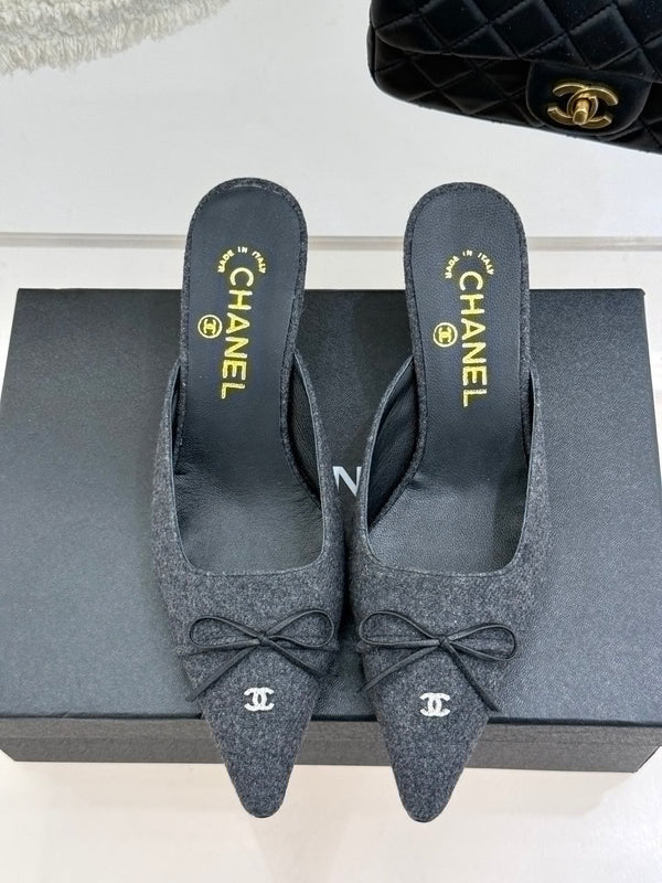 CC 25C Bowknot Pointed High Heel Half Slippers 60mm Black Linen 265662