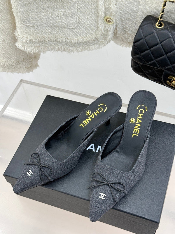CC 25C Bowknot Pointed High Heel Half Slippers 60mm Black Linen 265662