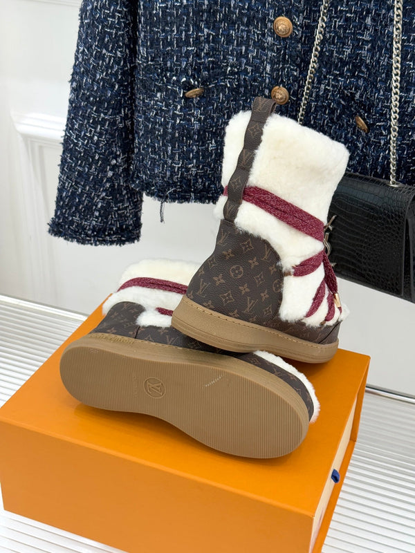 LV Cloud Lace-Up Ankle Boot Sneaker White - Red Shearling Monogram Canvas 572469