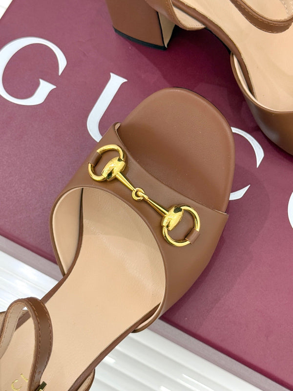 GG 26WF Chunky Heel Sandals 5cm Brown Sheepskin 632559