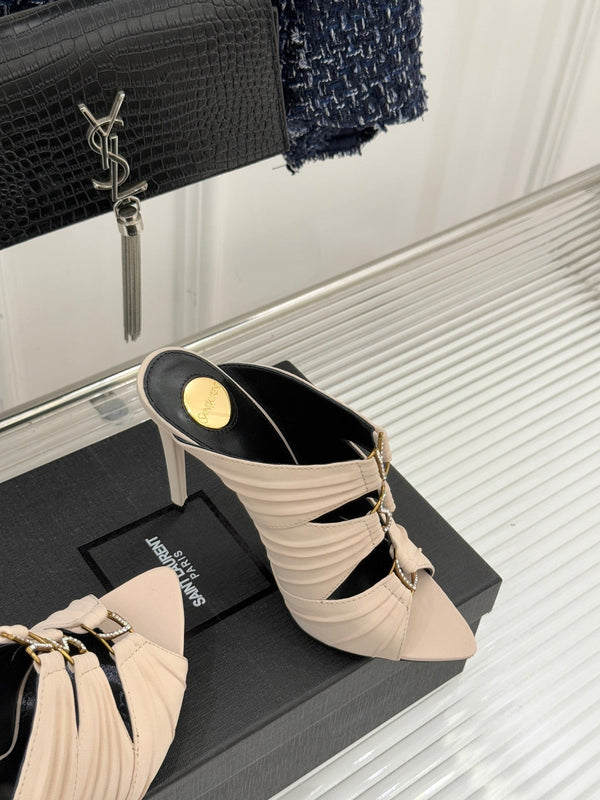 YSL Emilie Stiletto Mule Sandals 11cm Cream Satin 642912