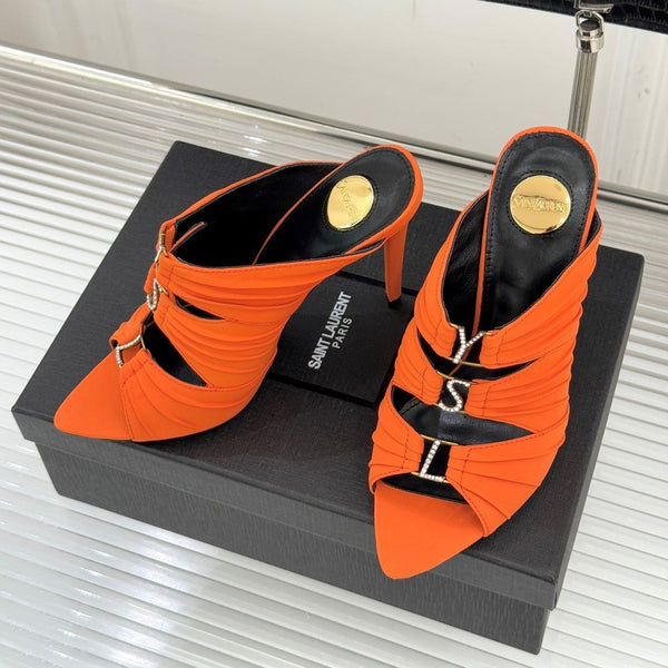 YSL Emilie Stiletto Mule Sandals 11cm Orange Satin 642913