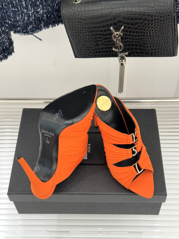 YSL Emilie Stiletto Mule Sandals 11cm Orange Satin 642913
