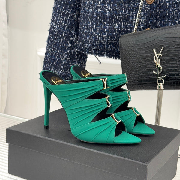 YSL Emilie Stiletto Mule Sandals 11cm Teal Green Satin 642914