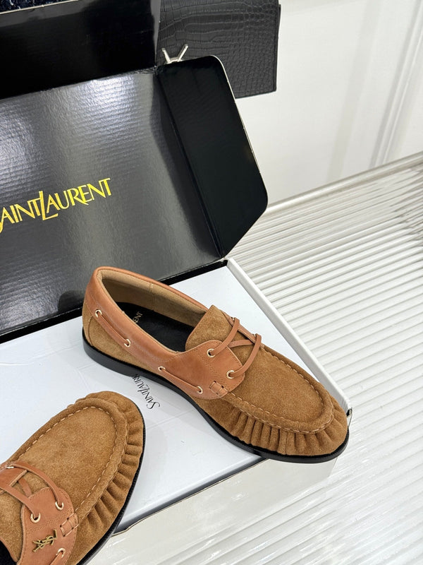 YSL 26s Le Bateau Loafer Tan Brown Calfskin Suede 992281