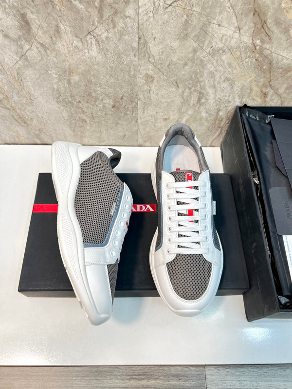 PRA SNEAKER WHITE CALFSKIN AND WOOD BROWN MESH FABRIC