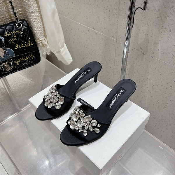 DC Crystal Mules 60mm Black Silk & Sheepskin 359516