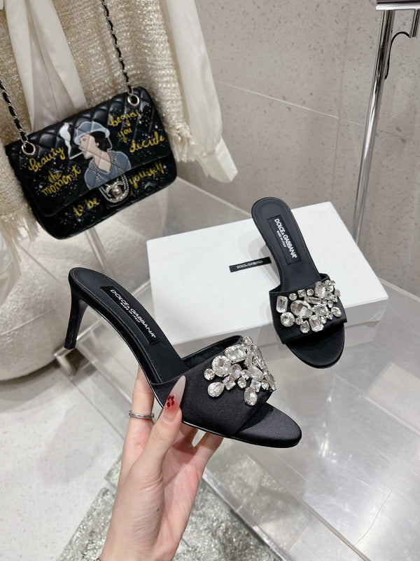 DC Crystal Mules 60mm Black Silk & Sheepskin 359516