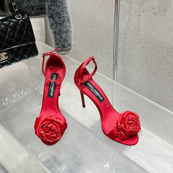 DC Flower High Heel Sandals 105mm Red Satin & Sheepskin 359506