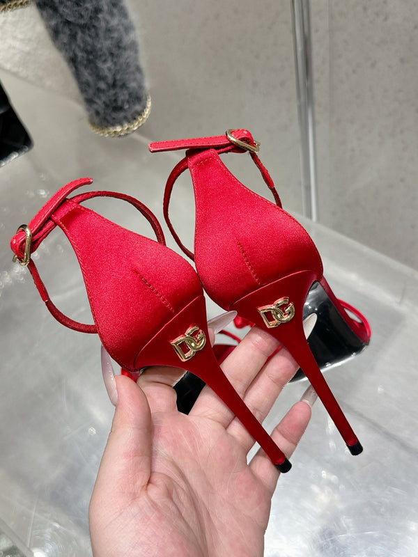 DC Flower High Heel Sandals 105mm Red Satin & Sheepskin 359506