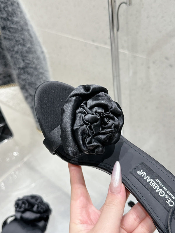 DC Flower High Heel Sandals 105mm Black Satin & Sheepskin 359507