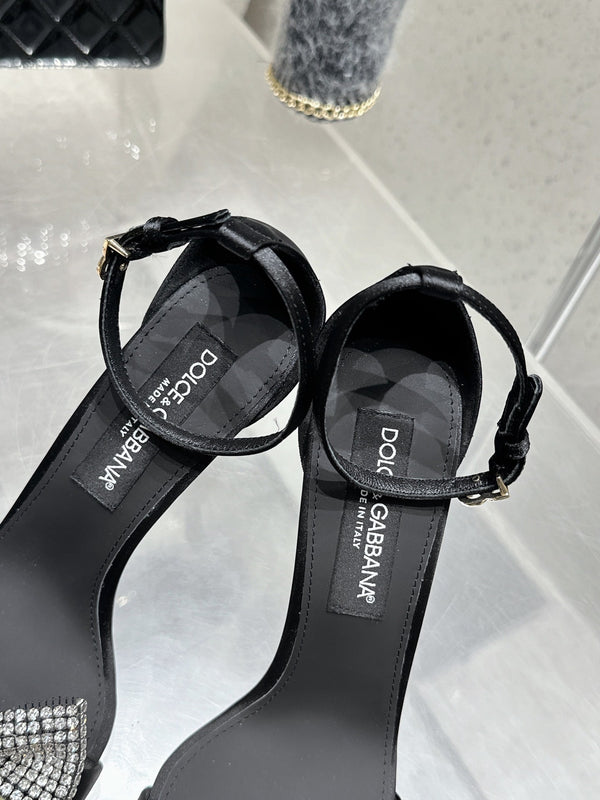 DC Rhinestone Bow Heel Sandals 105mm Black Satin & Sheepskin 359509