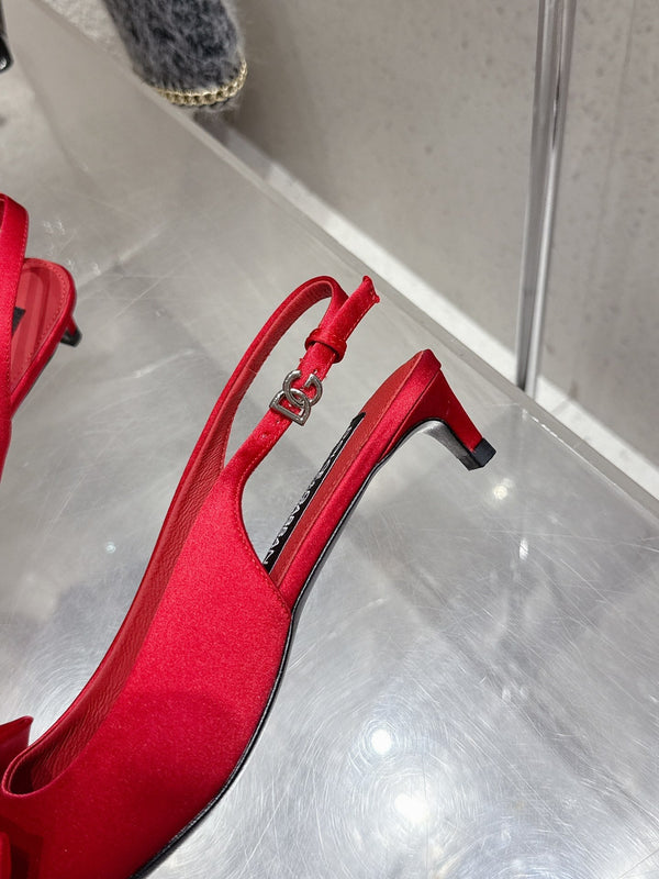 DC 25 Bow Slingback Pumps 30mm Red Satin & Sheepskin 359510